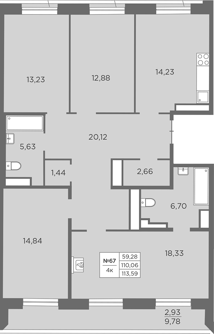 4-комнатная квартира 113.59 м², 7/7 эт., ЖК «Северная Корона»